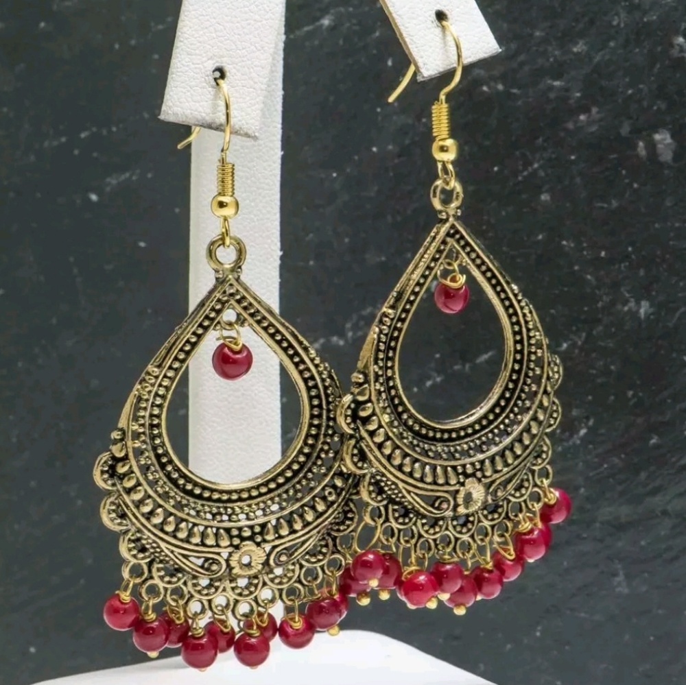 SOLD! | RED Bohemian Beaded Earrings - Picture 5 of 6